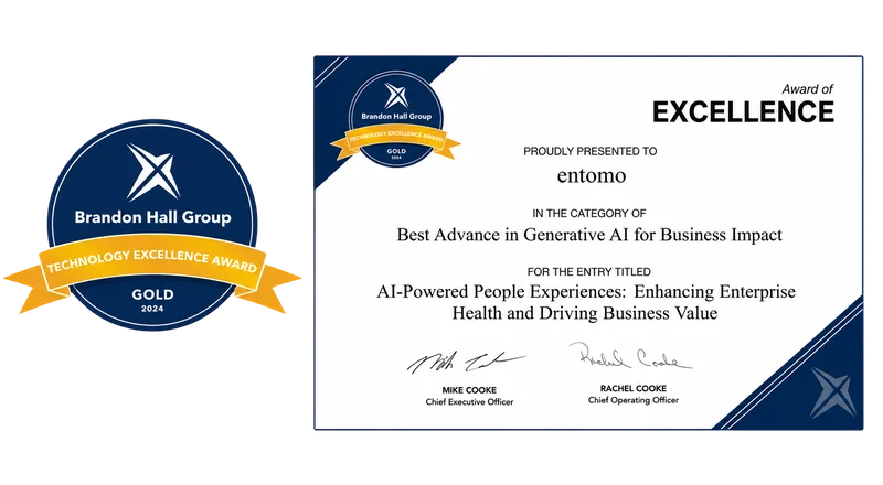Brandon Hall Group Technology Excellence Award, gold 2024, for best advance in generative AI for business impact