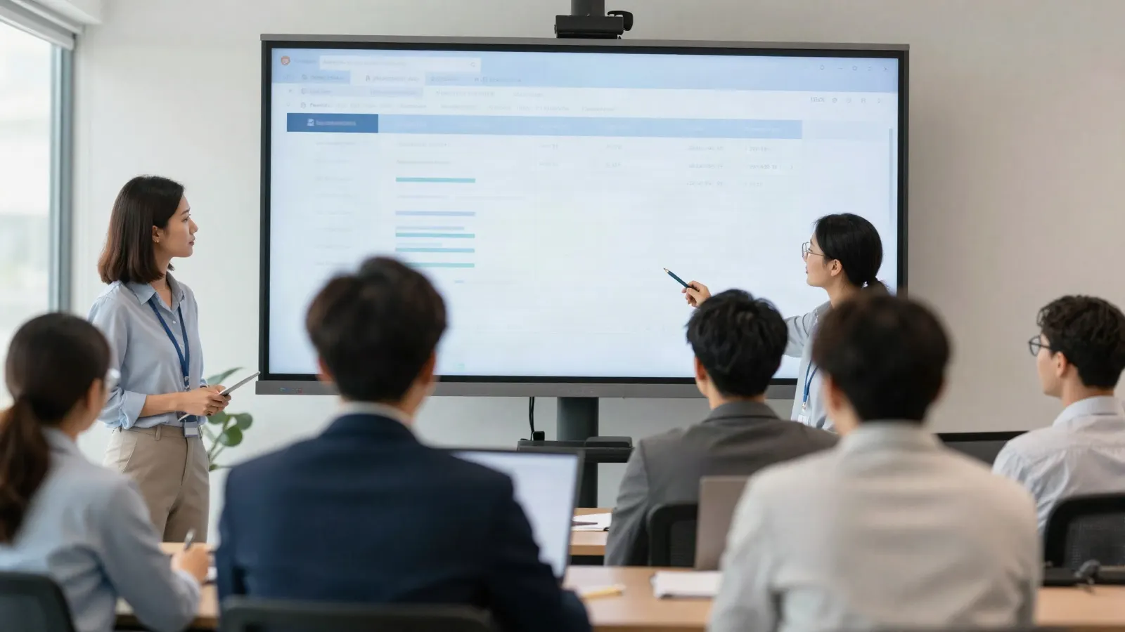 a talent acquisition team in a modern corporate office reviewing candidate analytics on a large screen, diverse professionals, daylight