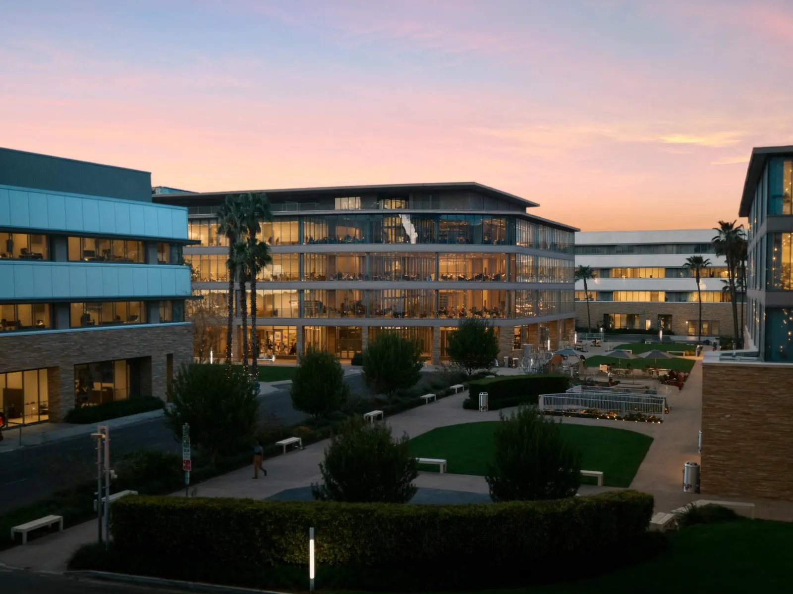 large modern technology campus at dusk