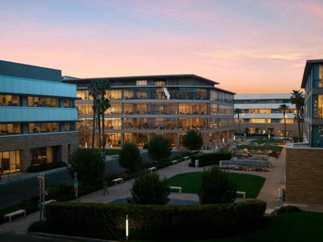 large modern technology campus at dusk