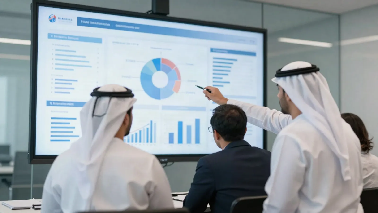 Emirati executives in a modern Abu Dhabi office reviewing business intelligence dashboards on a large wall screen in a glass boardroom