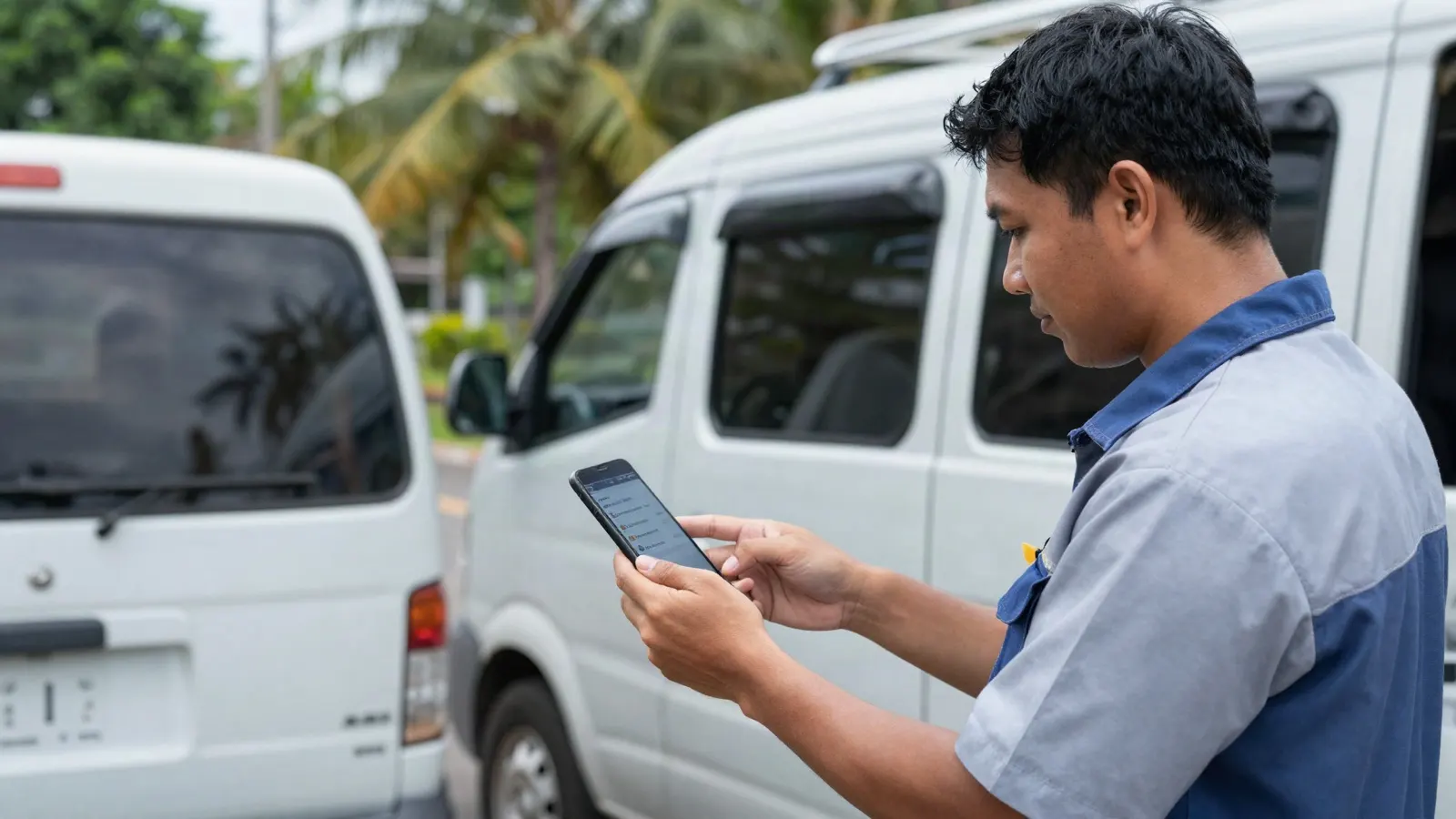 a Southeast Asian telecom field technician in a company uniform checking a daily leaderboard on a smartphone beside a service van on a tropical street
