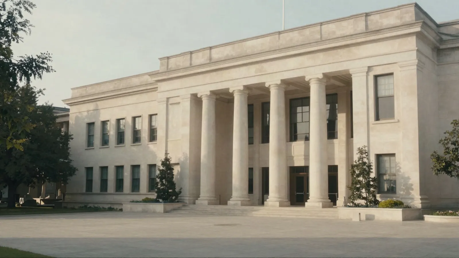 exterior of a civic administration building in pale stone with a colonnade, morning light
