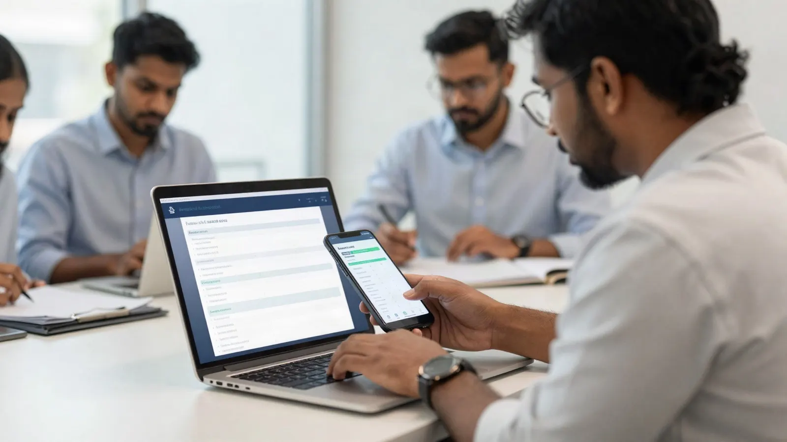 Sri Lankan telecom employees in a bright corporate office using a mobile performance app and a balanced scorecard on a laptop, daylight