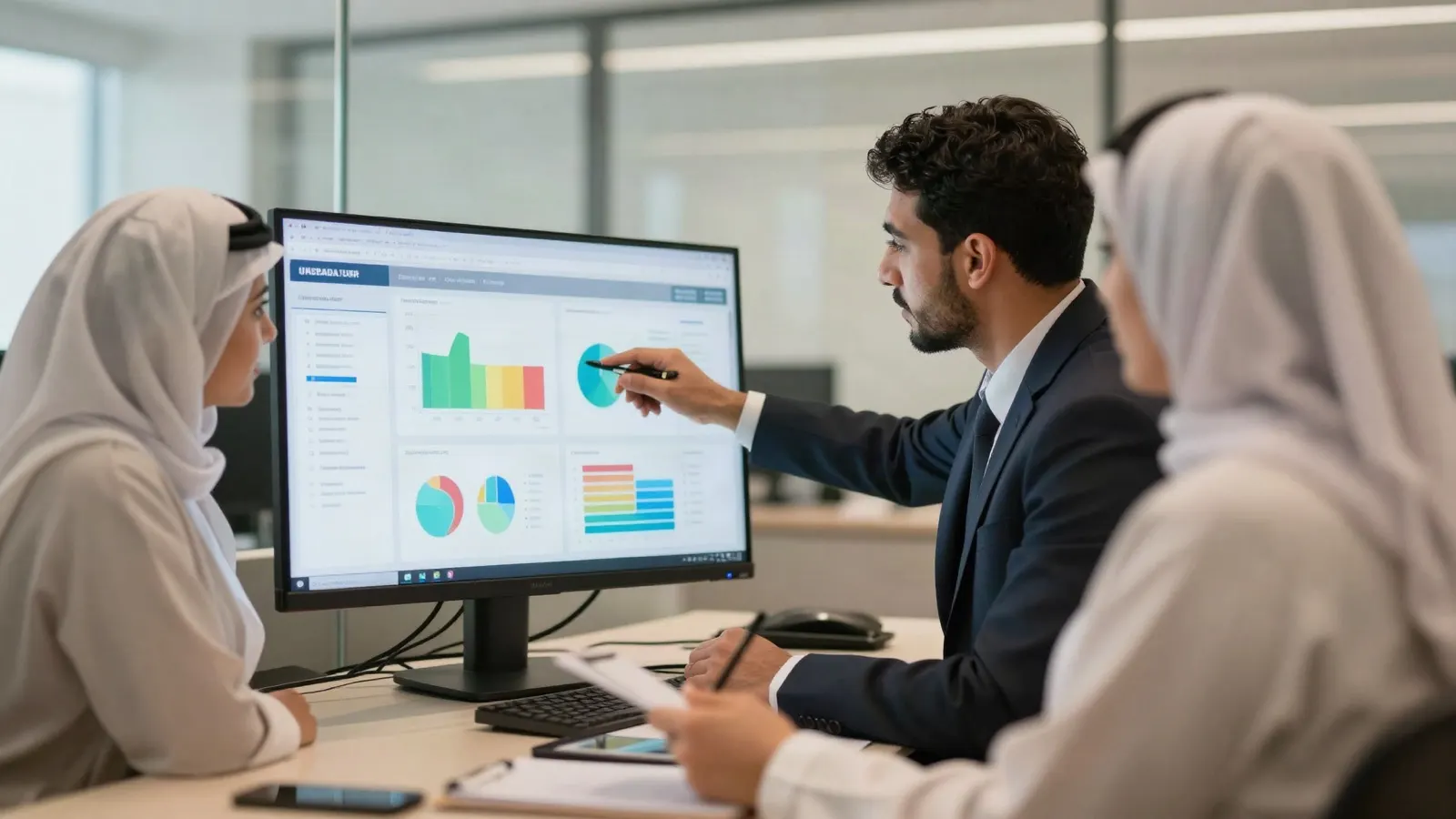 Managers reviewing a performance dashboard in a modern UAE government office