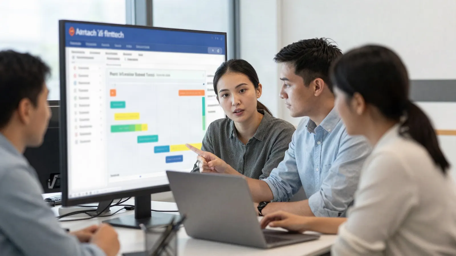 a sales and marketing team in a modern fintech office analysing a lead pipeline dashboard together, diverse group, daylight