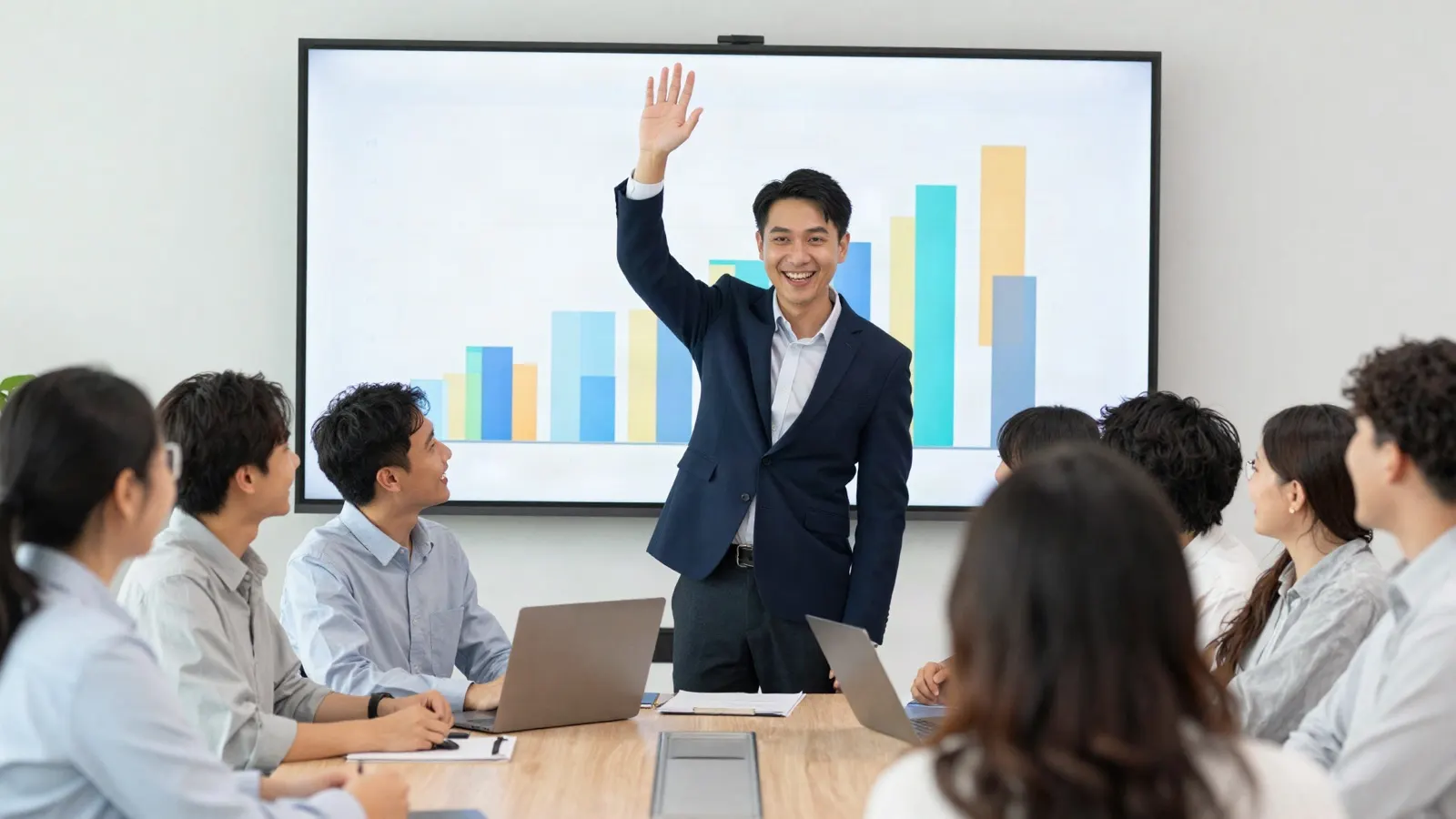 an insurance agency manager celebrating a sales milestone with agents in front of a leaderboard on a large screen, diverse Asian team, bright office