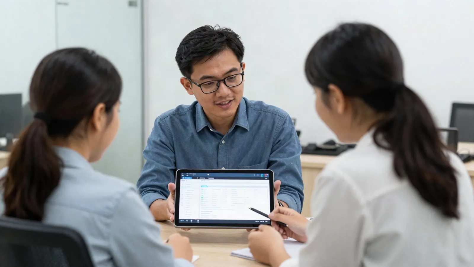 an Indonesian insurance agency leader coaching two agents with a real-time performance dashboard on a tablet in a bright branch office