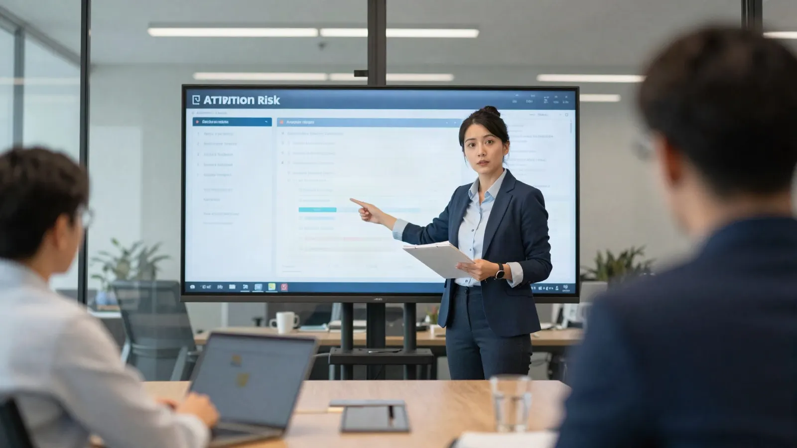 an HR analyst presenting an attrition risk dashboard to two managers in a glass meeting room of a modern IT company