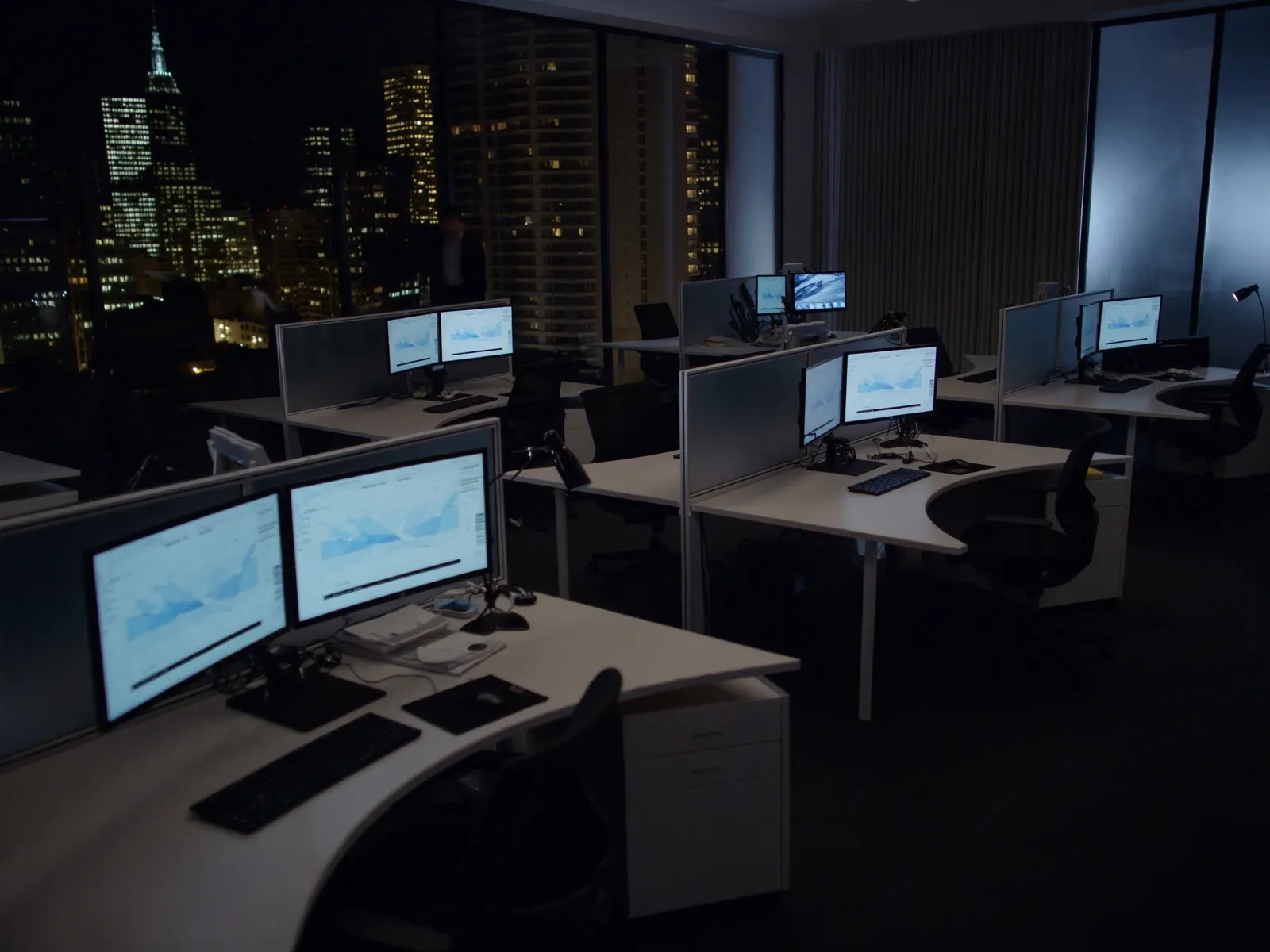 modern data analytics office interior at night