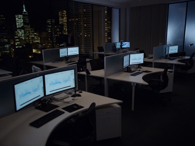 modern data analytics office interior at night