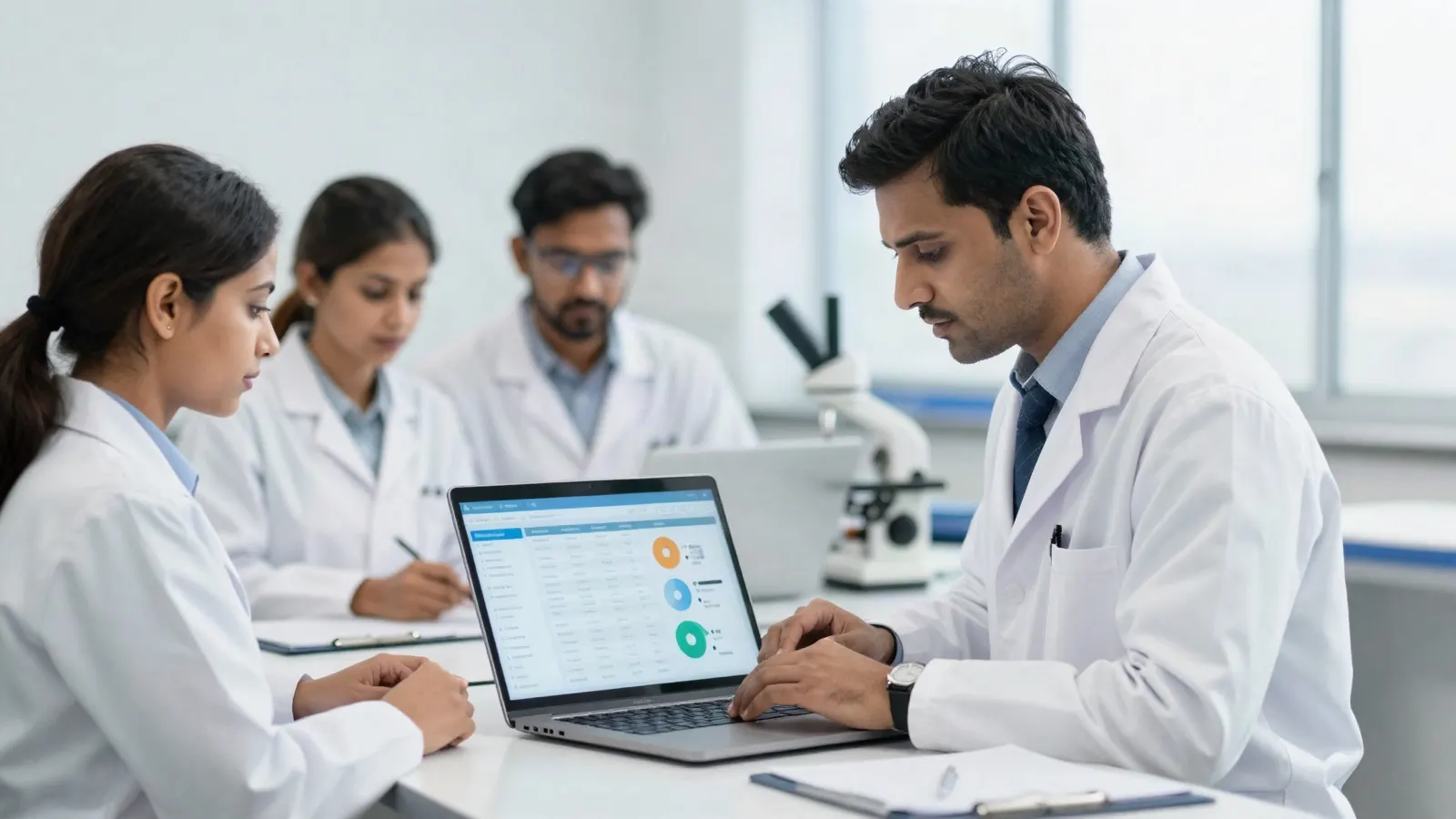 Indian pharmaceutical scientists in lab coats and a manager in a bright office reviewing goal-alignment dashboards on a laptop, daylight