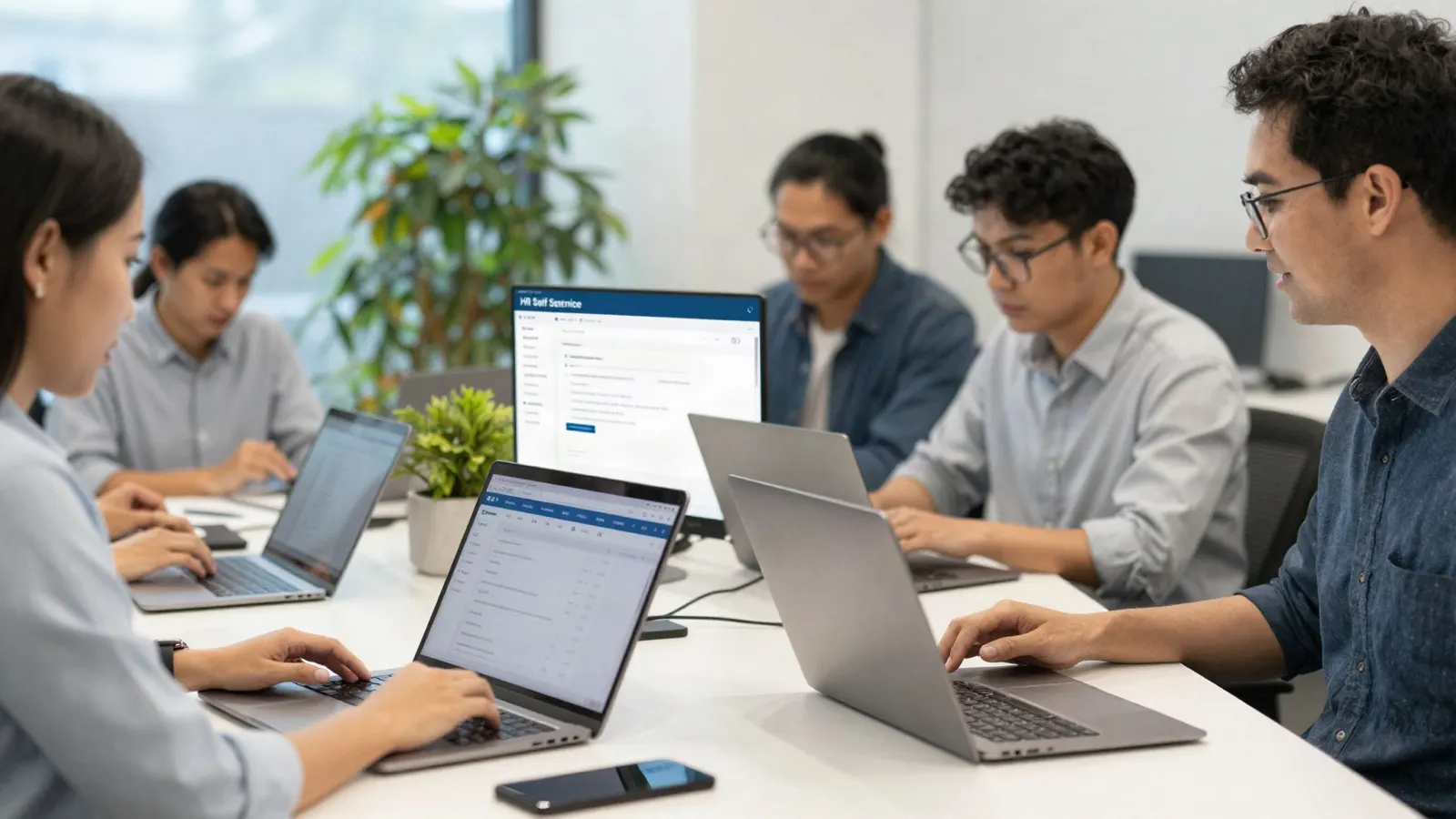 a diverse Southeast Asian team in a modern eCommerce company office using an HR self-service portal on laptops, casual business wear, plants, daylight