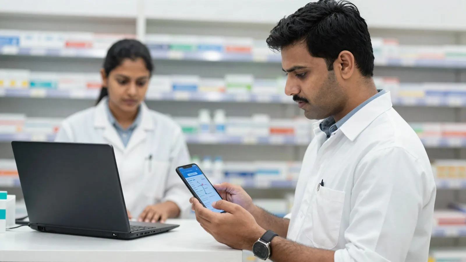 an Indian field sales representative inside a pharmacy checking a route plan on a smartphone app while the pharmacist stands behind the counter