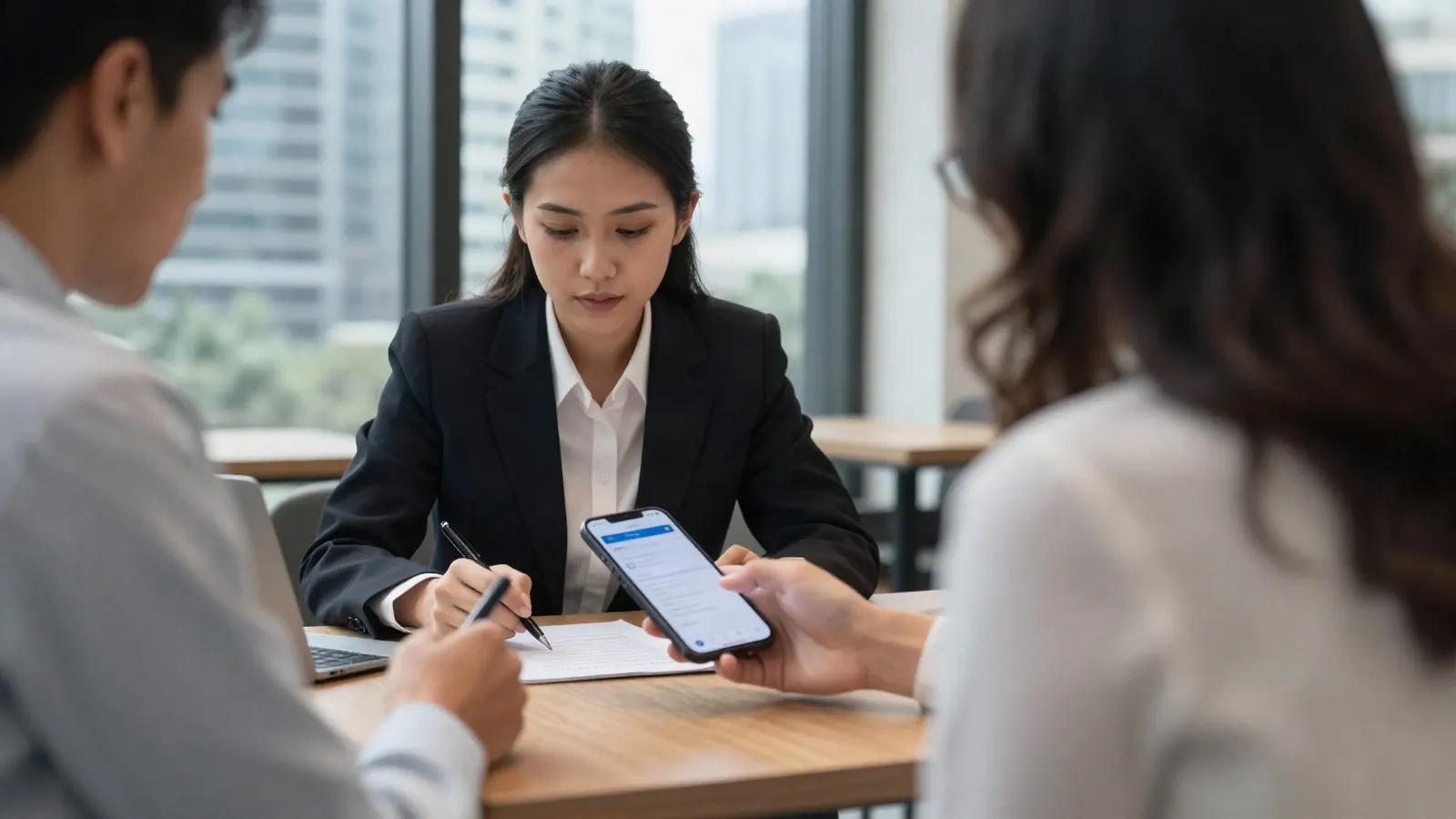 an Indonesian financial advisor meeting a client at a cafe table and logging the meeting on a smartphone app, office towers visible through the window