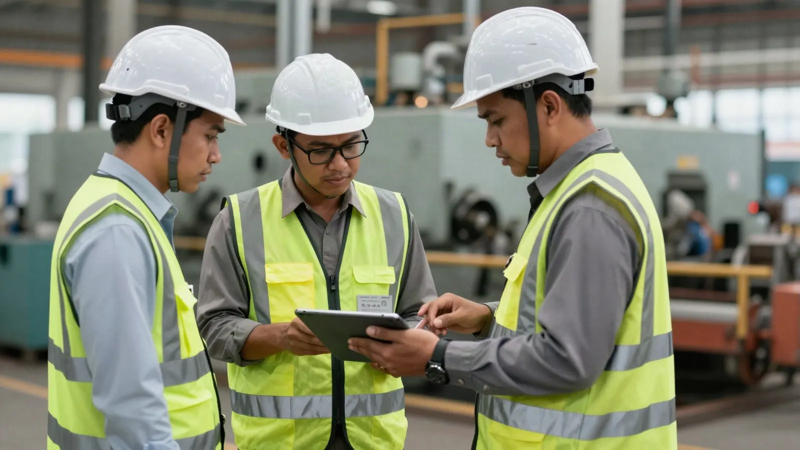 Indonesian factory managers in safety vests reviewing a strategy map on a tablet on a paper mill floor with machinery behind them