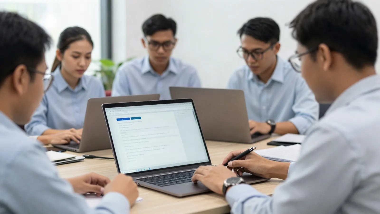 Indonesian bank employees in a branch back office completing a 360-degree review on a laptop, professional attire, daylight