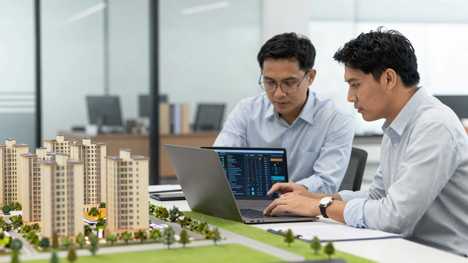Indonesian project managers in a bright real-estate sales office reviewing a KPI dashboard on a laptop beside a scale model of a housing development
