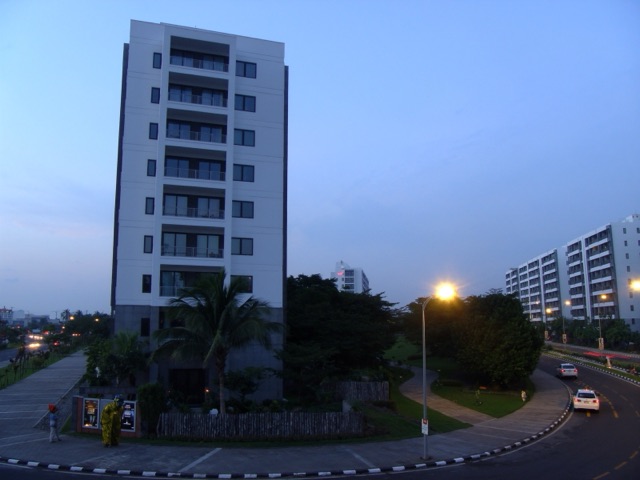 modern residential and commercial real-estate development in Jakarta, Indonesia at dusk