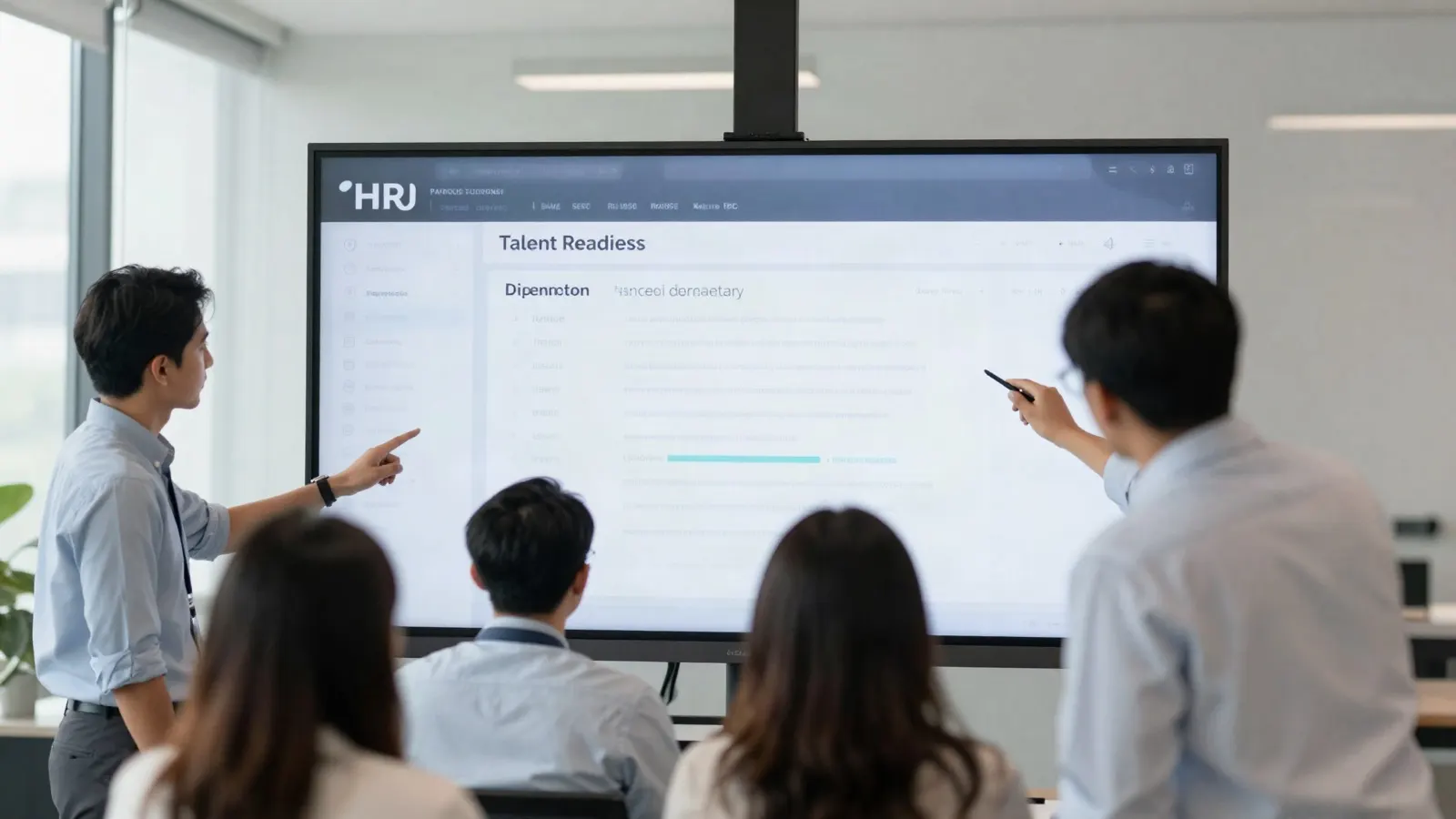an Indonesian HR team in a modern office reviewing a talent readiness dashboard on a large screen, daylight