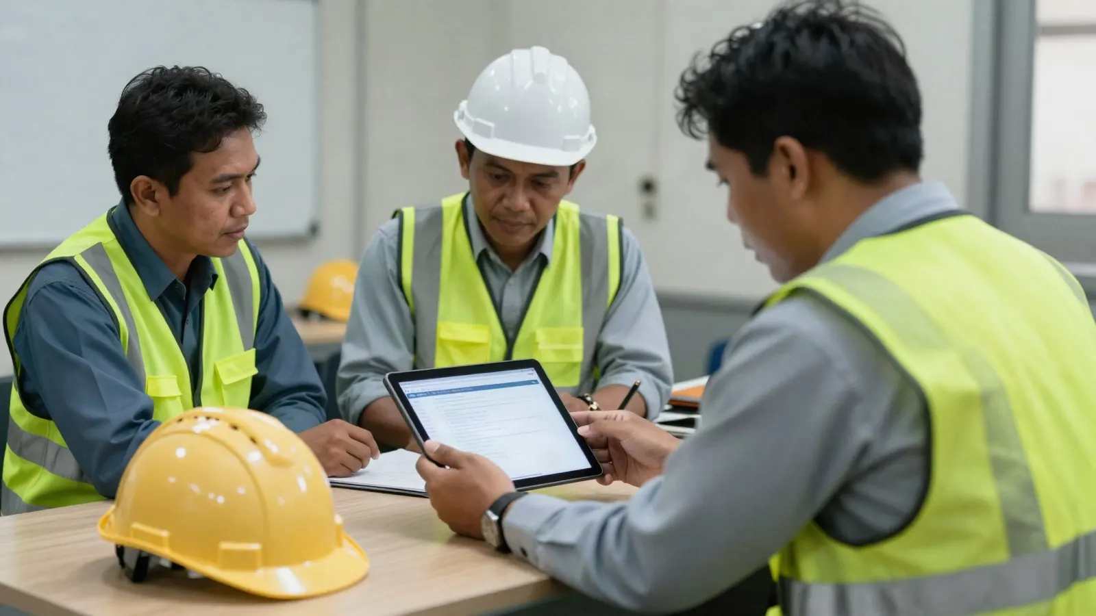 Indonesian mining site supervisors in high-visibility vests reviewing an appraisal app on a tablet in a site office, hard hats on the table