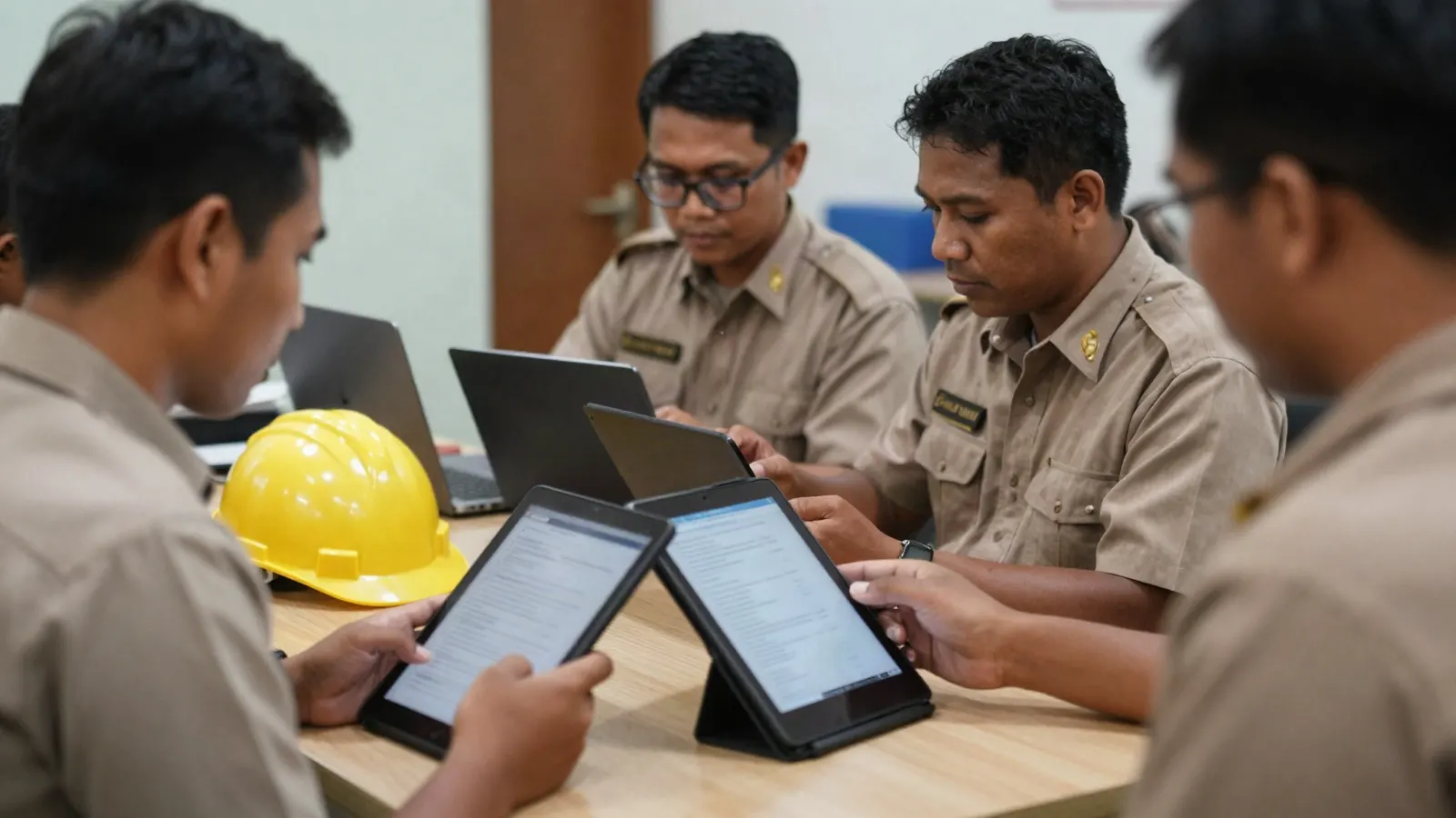 Indonesian mine employees in uniforms giving 360-degree feedback on tablets in a site office, hard hats beside them
