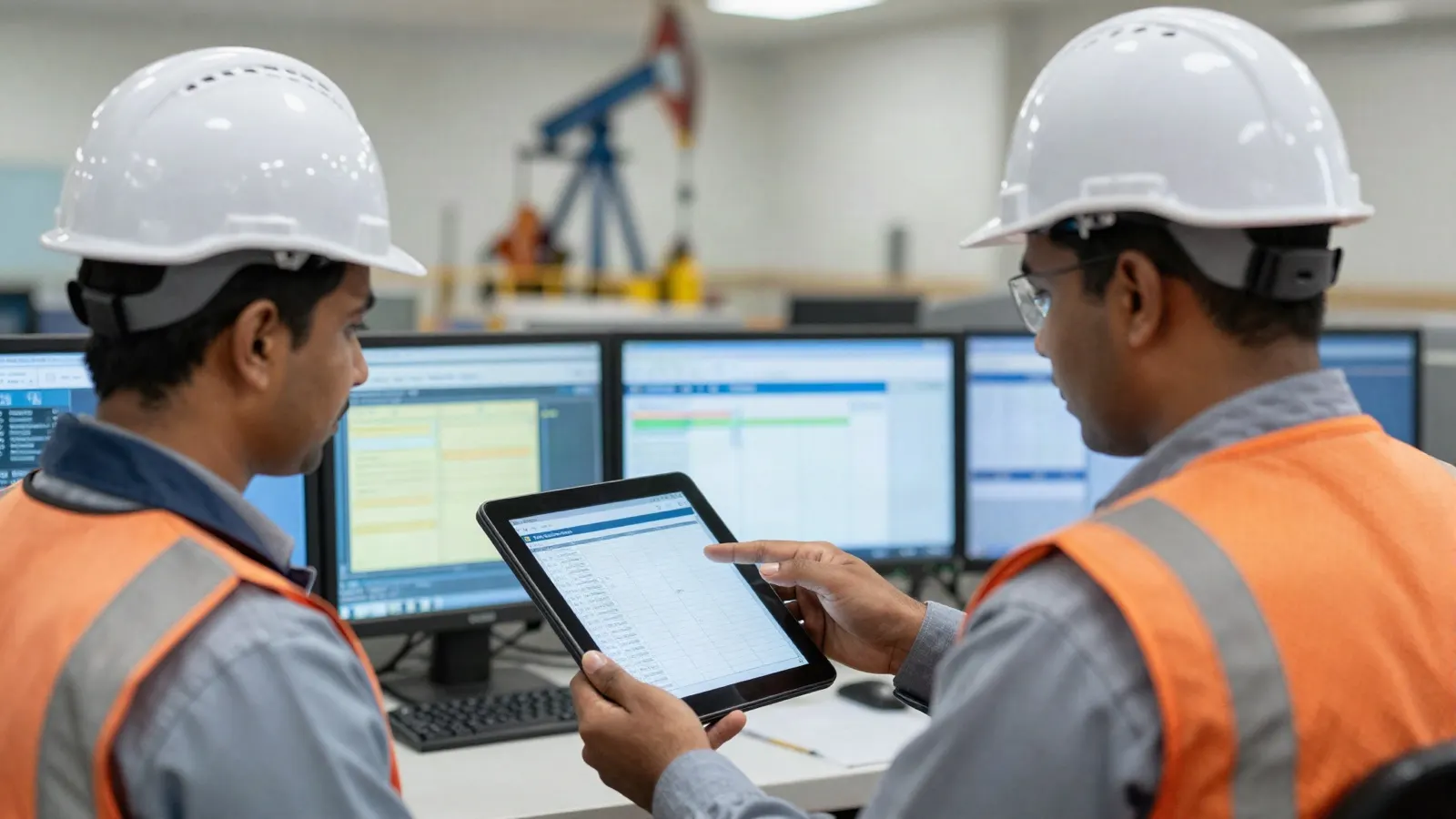Indian shift supervisors in hard hats and coveralls reviewing a shift schedule on a tablet inside an oil and gas control room with monitors behind them
