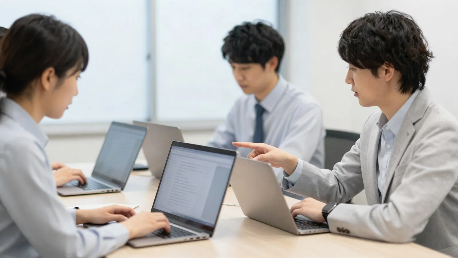 Japanese sales team members using a chat assistant on laptops in a modern office, one pointing at the screen, daylight