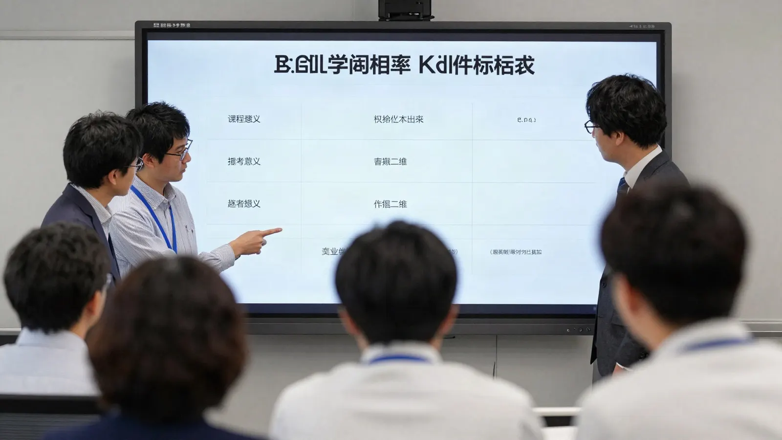 Japanese engineers in a Tokyo office reviewing a skills framework on a large display in a collaborative session, daylight