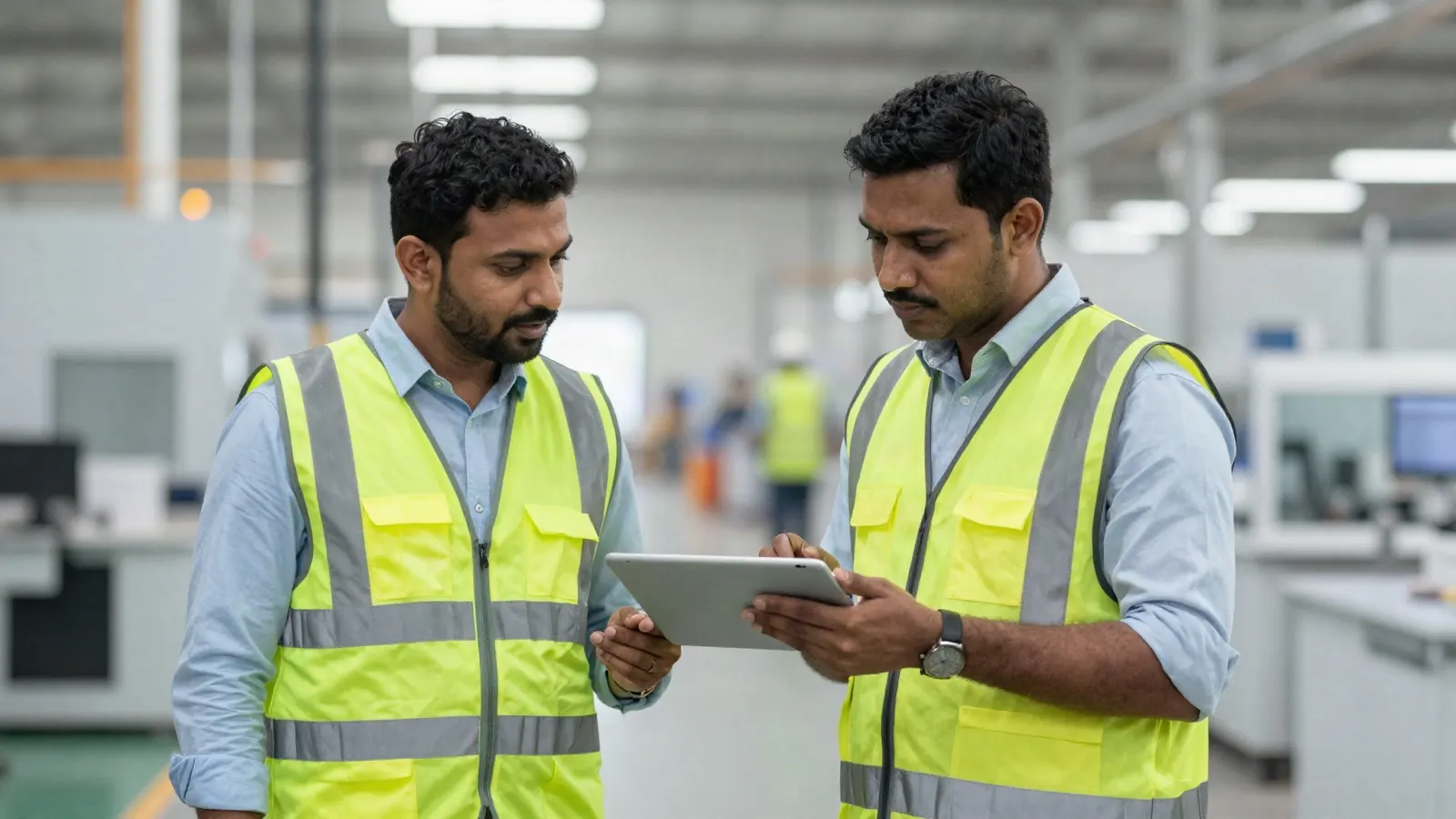 an Indian HR manager and a production supervisor reviewing attendance data on a tablet on a factory floor walkway, safety vests, soft industrial light