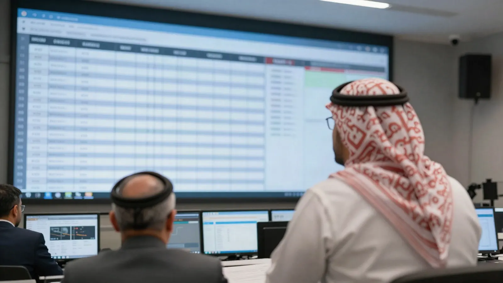 Middle Eastern railway operations managers in a control centre reviewing a performance scorecard on a large display, modern interior