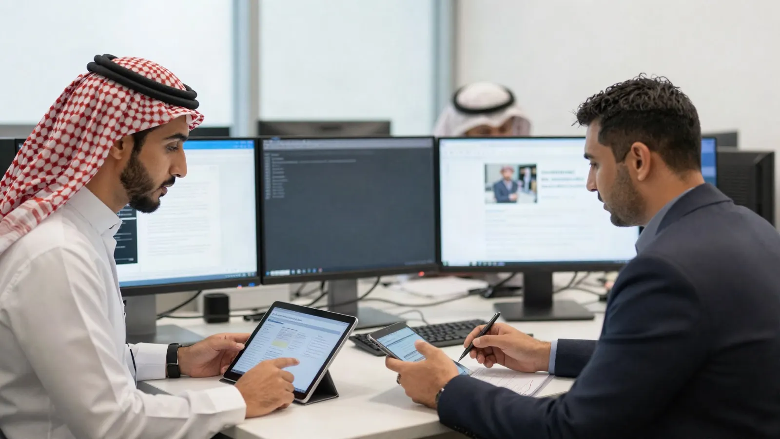 Middle Eastern travel consultants at a modern agency desk reviewing client insights on a tablet and a desktop monitor, daylight