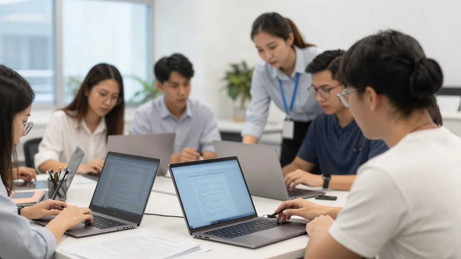 Singaporean adult learners in a modern training centre exploring career pathways on laptops with an instructor, diverse group, daylight