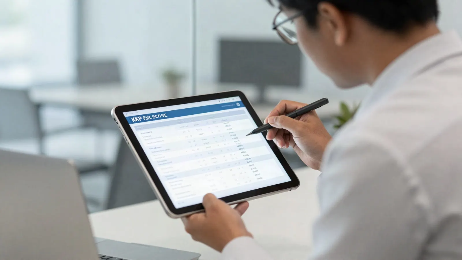 Malaysian IT professionals in a modern office reviewing a KPI scorecard together on a tablet, daylight