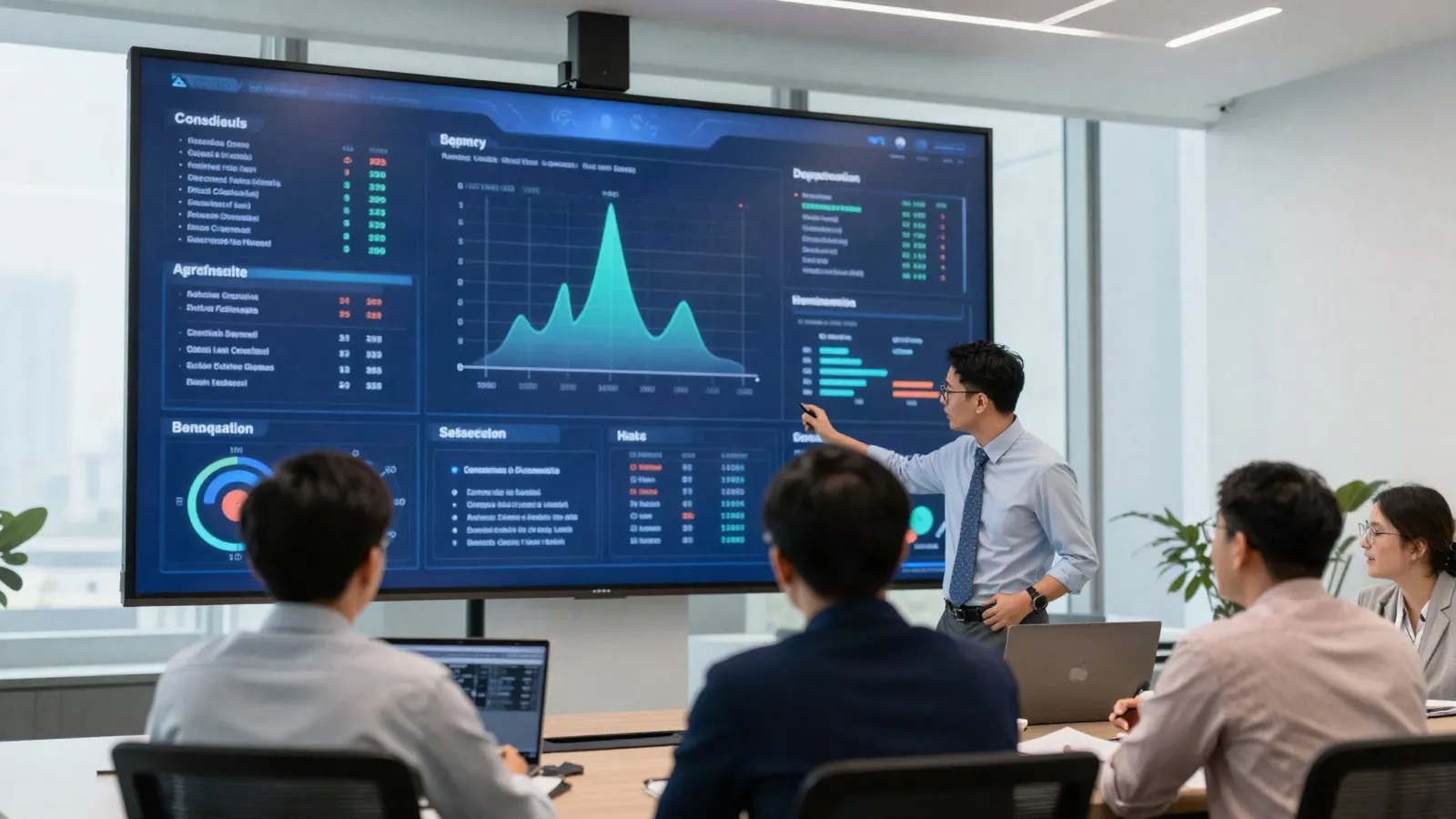 Indonesian executives in a modern Jakarta headquarters boardroom reviewing real-time KPI dashboards on a wall screen, daylight