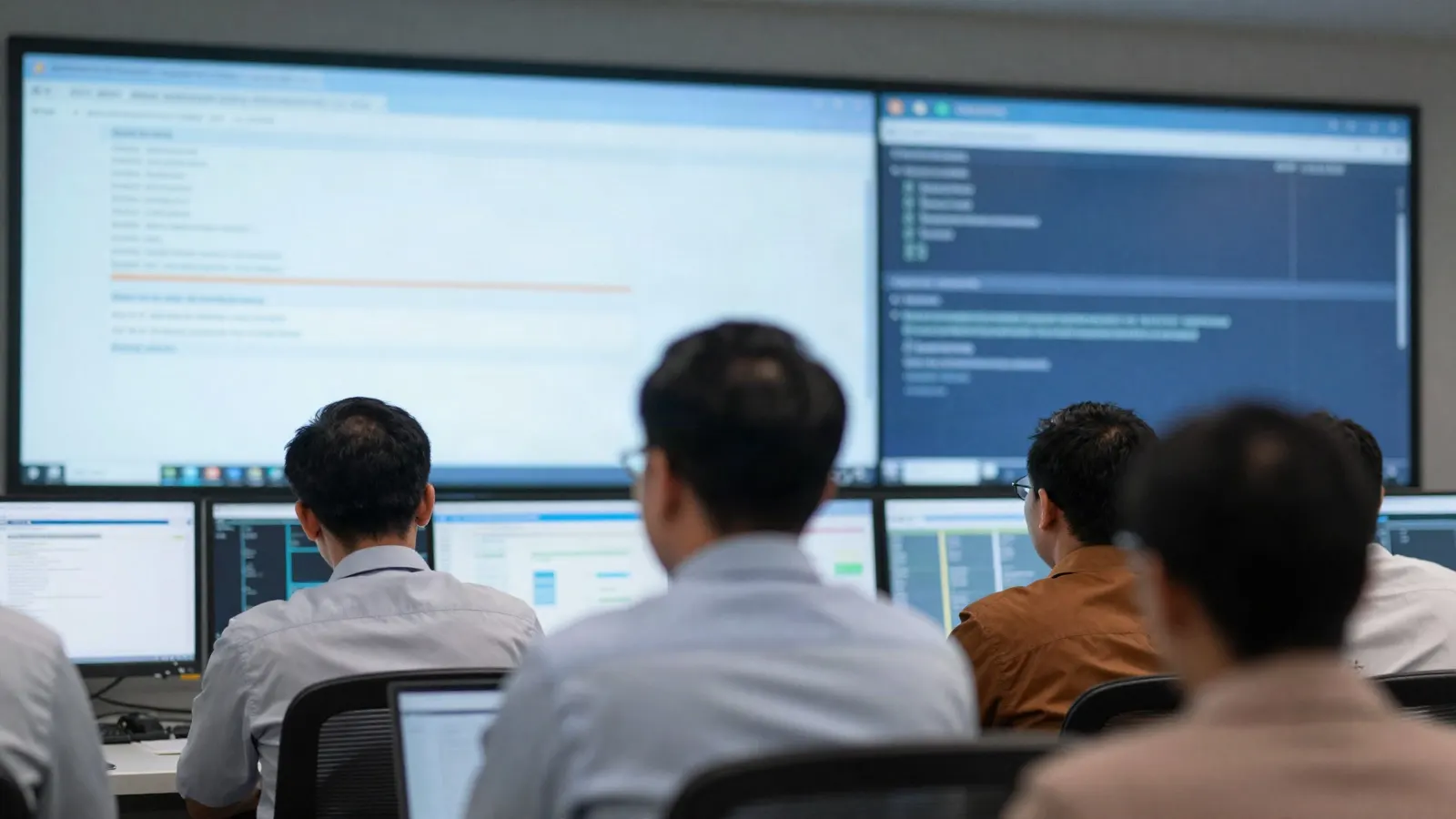 Indonesian plant managers in a control room reviewing a mid-year performance review dashboard on monitors