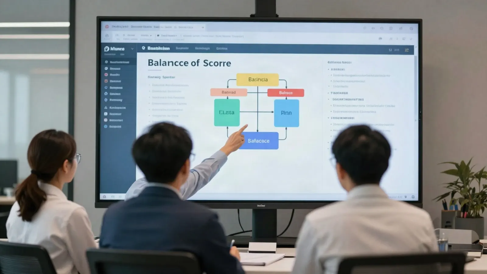 creative professionals in a Dubai media company office reviewing a balanced scorecard dashboard on a large screen, modern studio interior